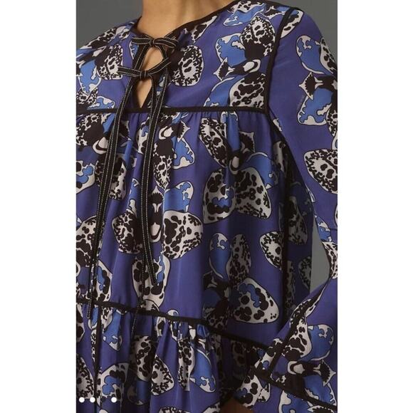 Dhruv Kapoor Long Sleeve Blue Print Babydoll Swing Mini Dress Anthropologie NWT - Picture 6 of 10